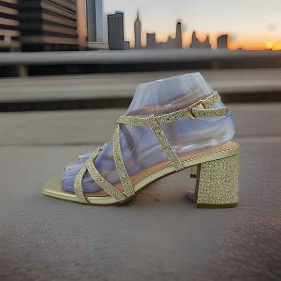 D!D!FU Shoes Womens Size 7 Gold Glitter Ankle Strap Block High Heels Sandals - Picture 2 of 11